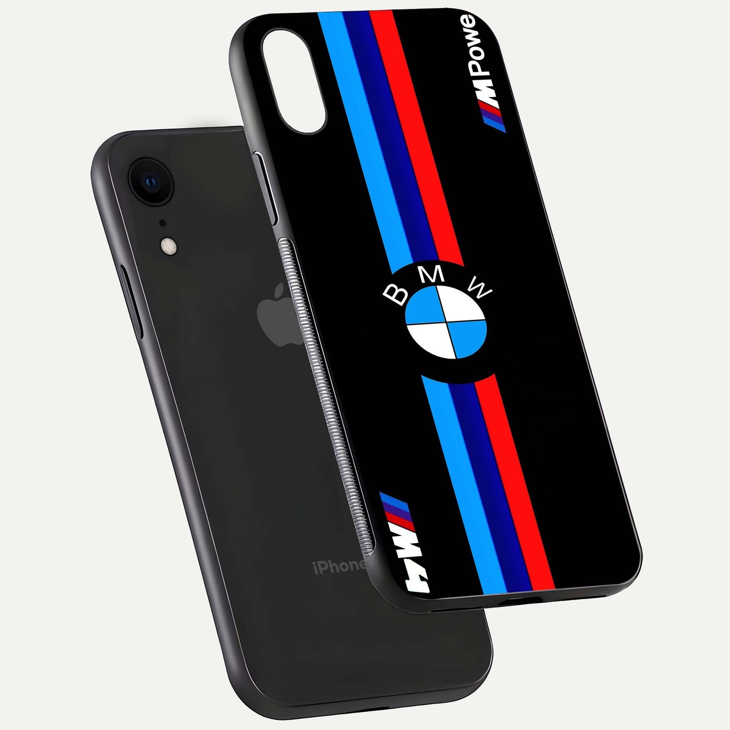 Turbo BMW Beast Glass Case for iPhone Xr floating dual-view mockup displaying gloss texture and vivid print
