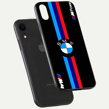 Turbo BMW Beast Glass Case for iPhone Xr floating dual-view mockup displaying gloss texture and vivid print