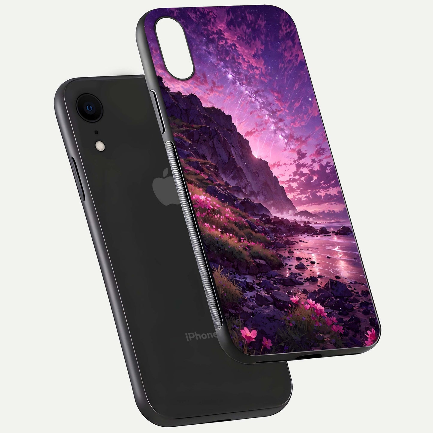 Twilight Blossom Coast Glass Case for iPhone Xr floating dual-view mockup displaying gloss surface and detail