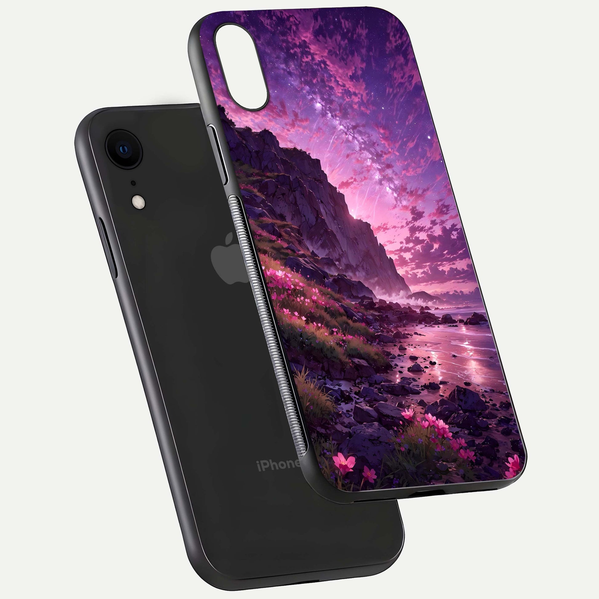 Twilight Blossom Coast Glass Case for iPhone Xr floating dual-view mockup displaying gloss surface and detail