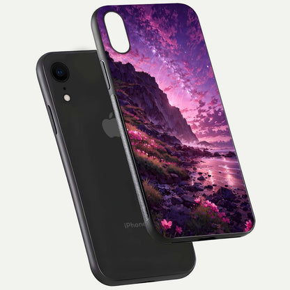 Twilight Blossom Coast Glass Case for iPhone Xr floating dual-view mockup displaying gloss surface and detail