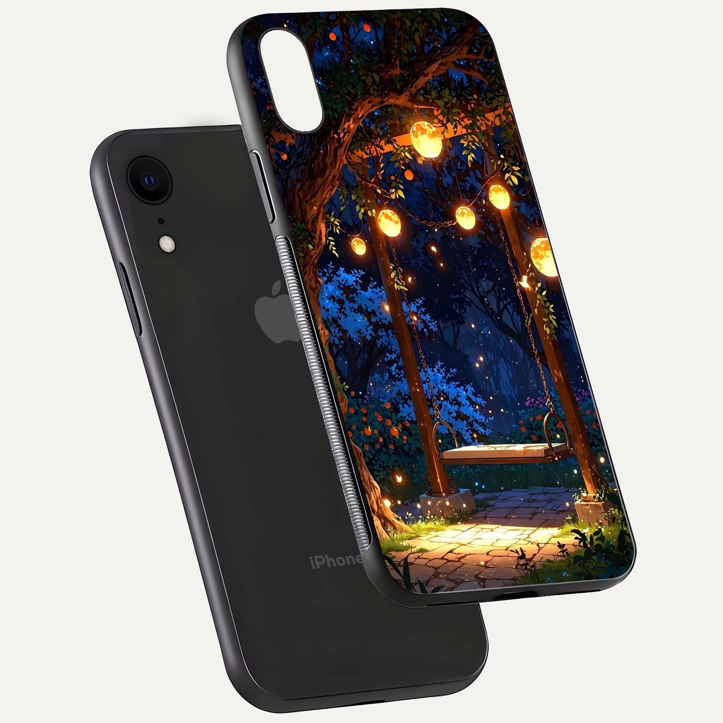 Twilight Garden Swing Glass Case for iPhone Xr floating dual-view mockup displaying gloss and tone balance