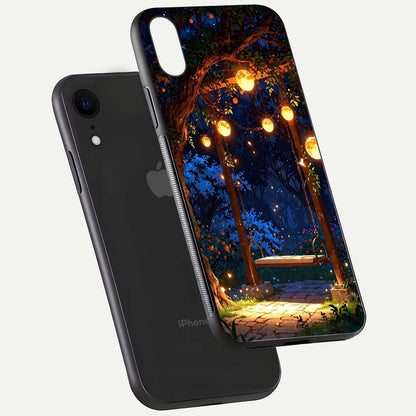 Twilight Garden Swing Glass Case for iPhone Xr floating dual-view mockup displaying gloss and tone balance