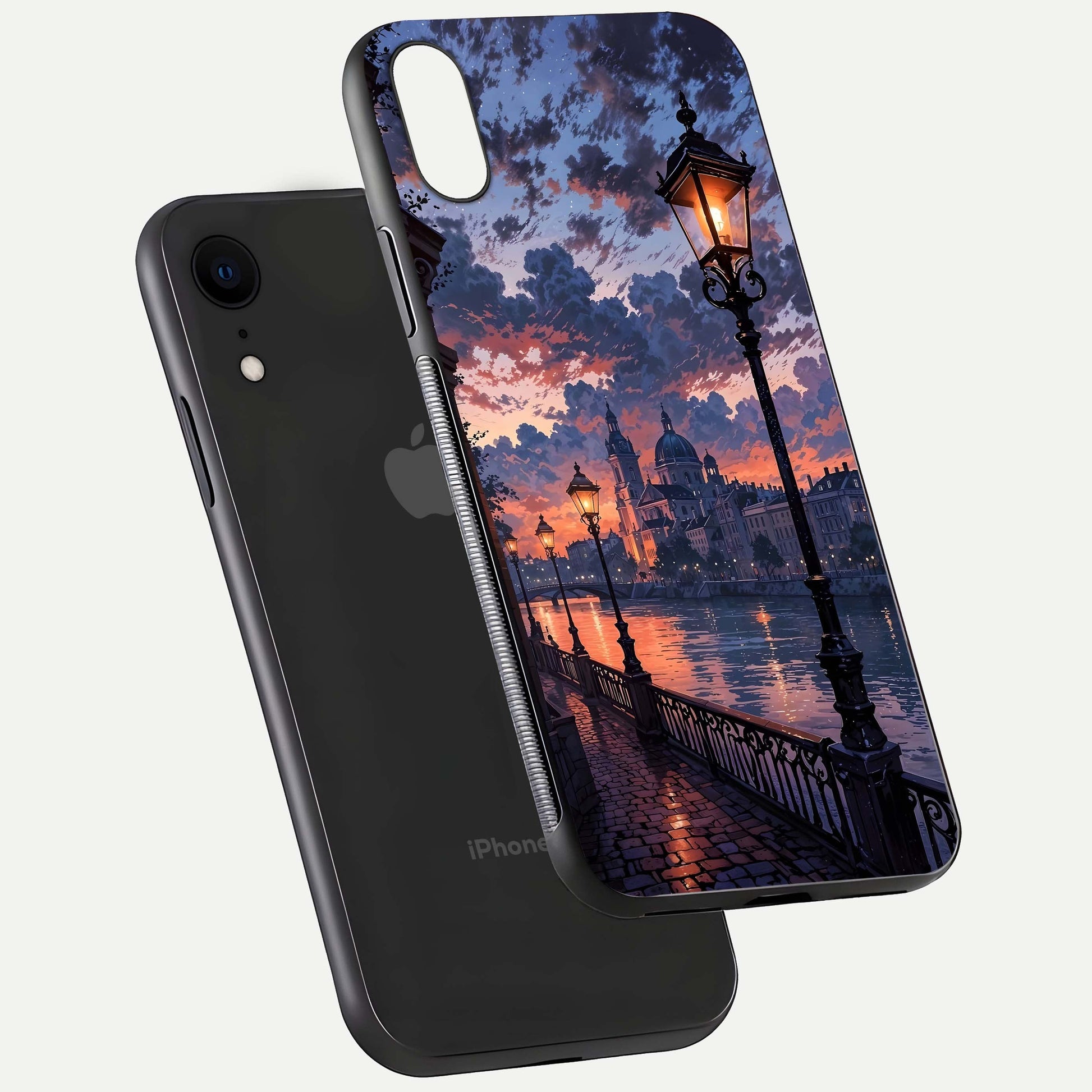 Twilight River Lights Glass Case for iPhone Xr floating dual-view mockup displaying gloss shine and vivid details