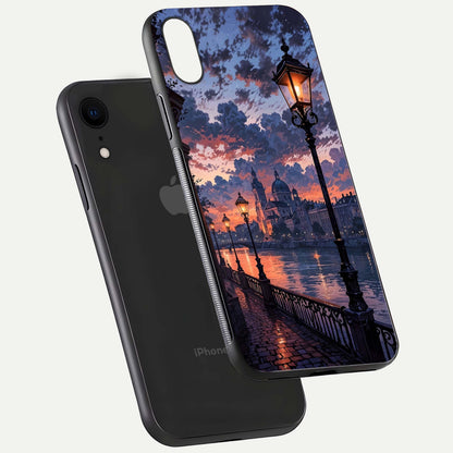 Twilight River Lights Glass Case for iPhone Xr floating dual-view mockup displaying gloss shine and vivid details