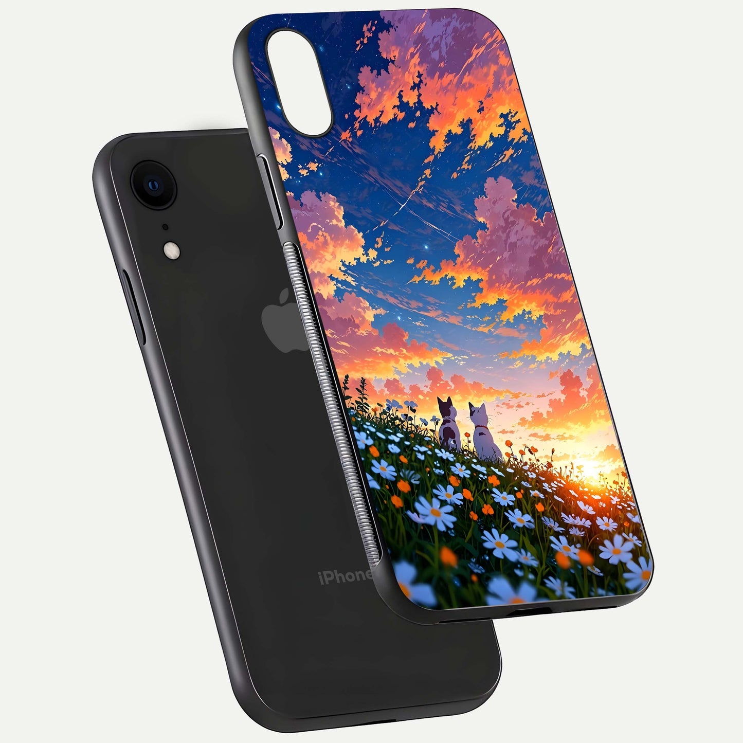 Two Cats Friends Glass Case for iPhone Xr floating dual-view mockup displaying gloss surface and HD print