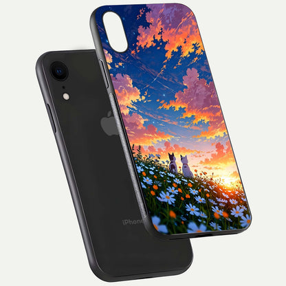 Two Cats Friends Glass Case for iPhone Xr floating dual-view mockup displaying gloss surface and HD print