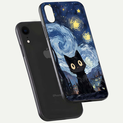 Van Gogh Cat Glass Case for iPhone Xr floating dual-view mockup displaying gloss shine and artistic texture