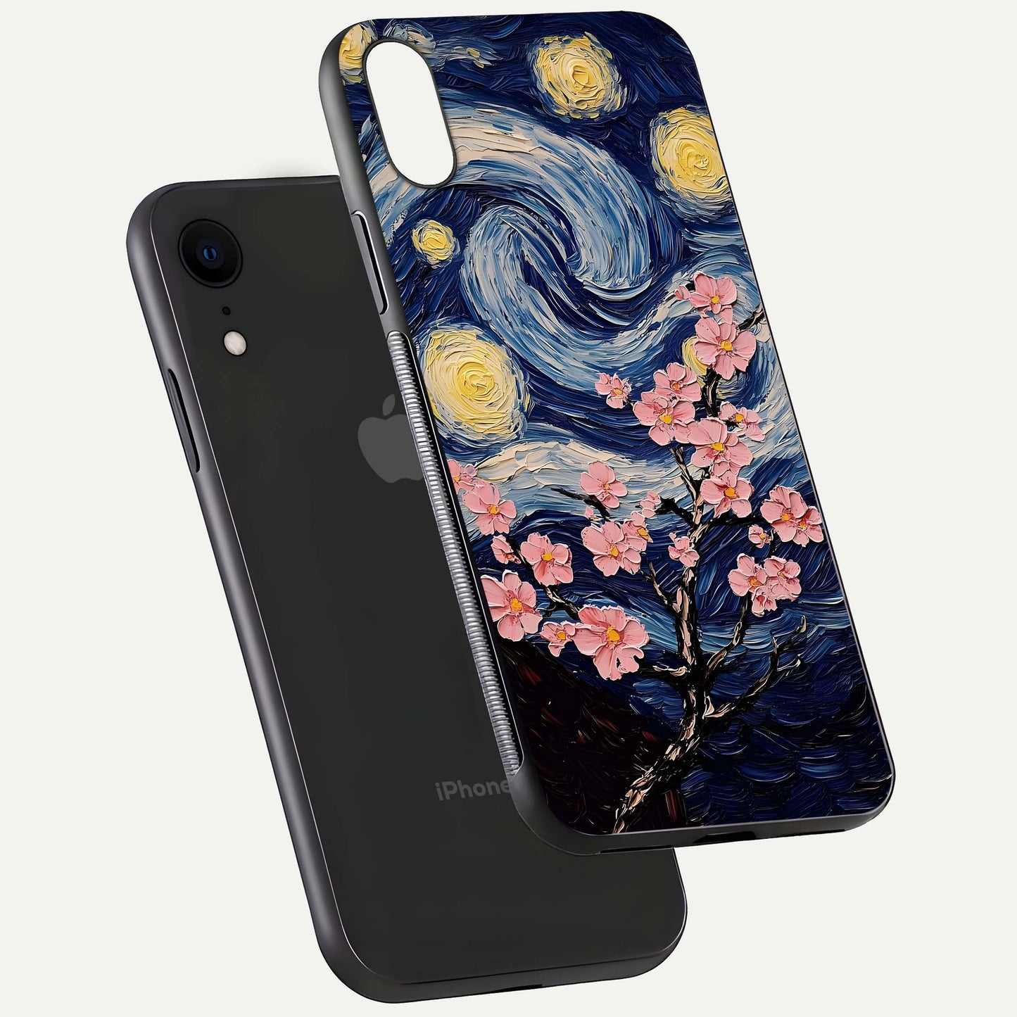 Van Gogh Scenery Glass Case for iPhone Xr floating dual-view mockup displaying gloss reflection and HD quality