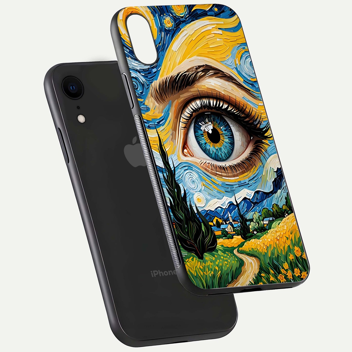 Van Gogh Eye Glass Case for iPhone 16 Pro floating dual-view mockup displaying gloss texture and depth