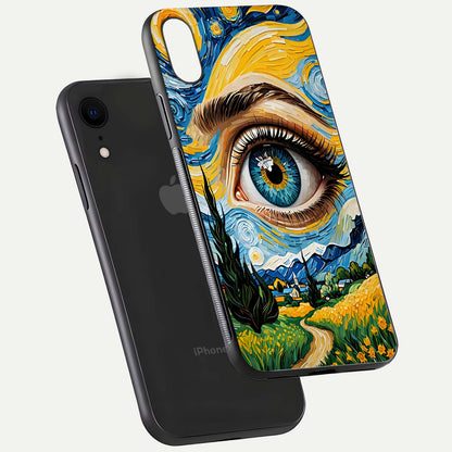 Van Gogh Eye Glass Case for iPhone 16 Pro floating dual-view mockup displaying gloss texture and depth