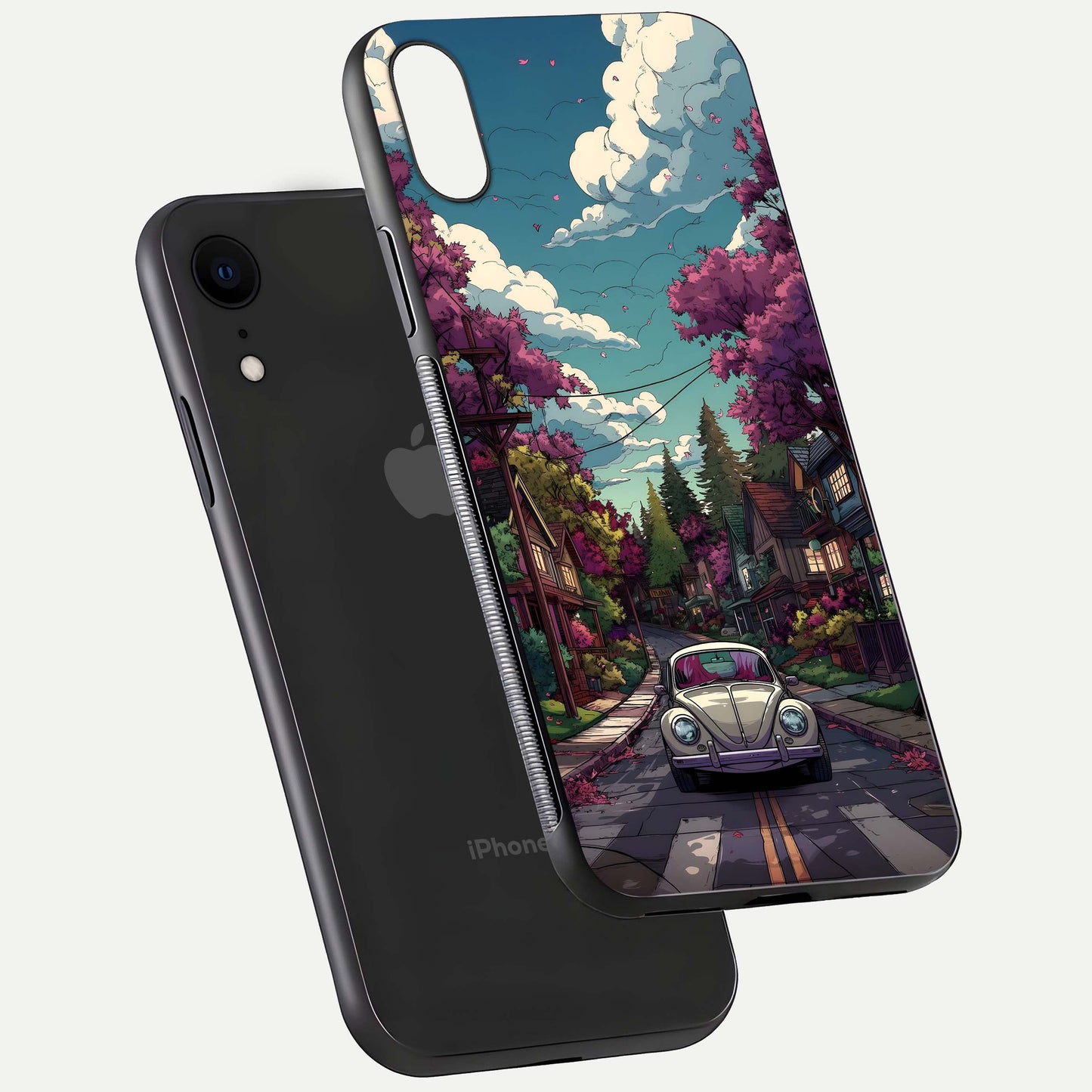 Vintage Street Drive Glass Case for iPhone 16 Pro floating dual-view mockup displaying gloss shine and texture