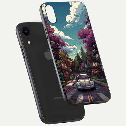 Vintage Street Drive Glass Case for iPhone 16 Pro floating dual-view mockup displaying gloss shine and texture