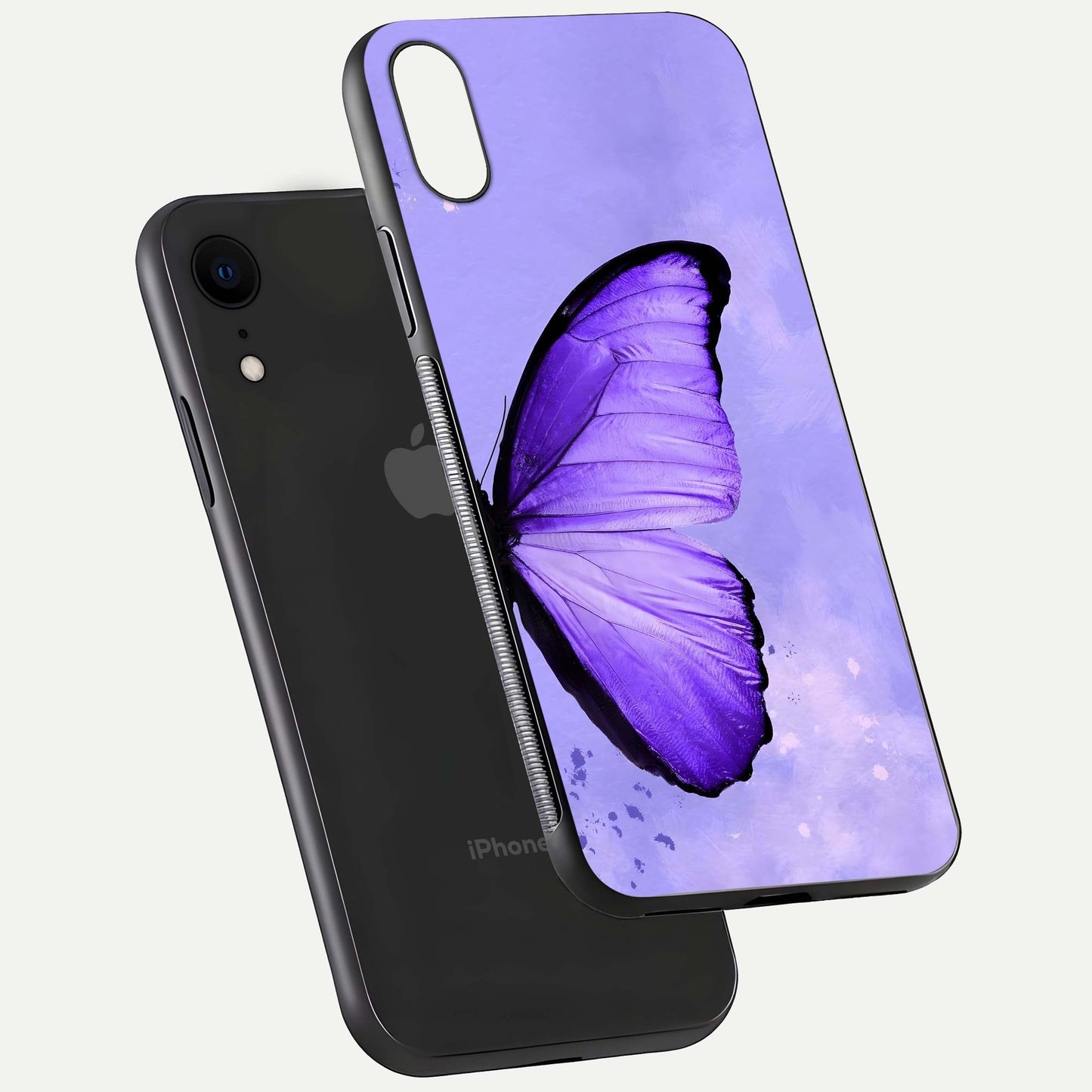 Violet Dream Wing Glass Case for iPhone 16 Pro floating dual-view mockup displaying gloss depth and clarity