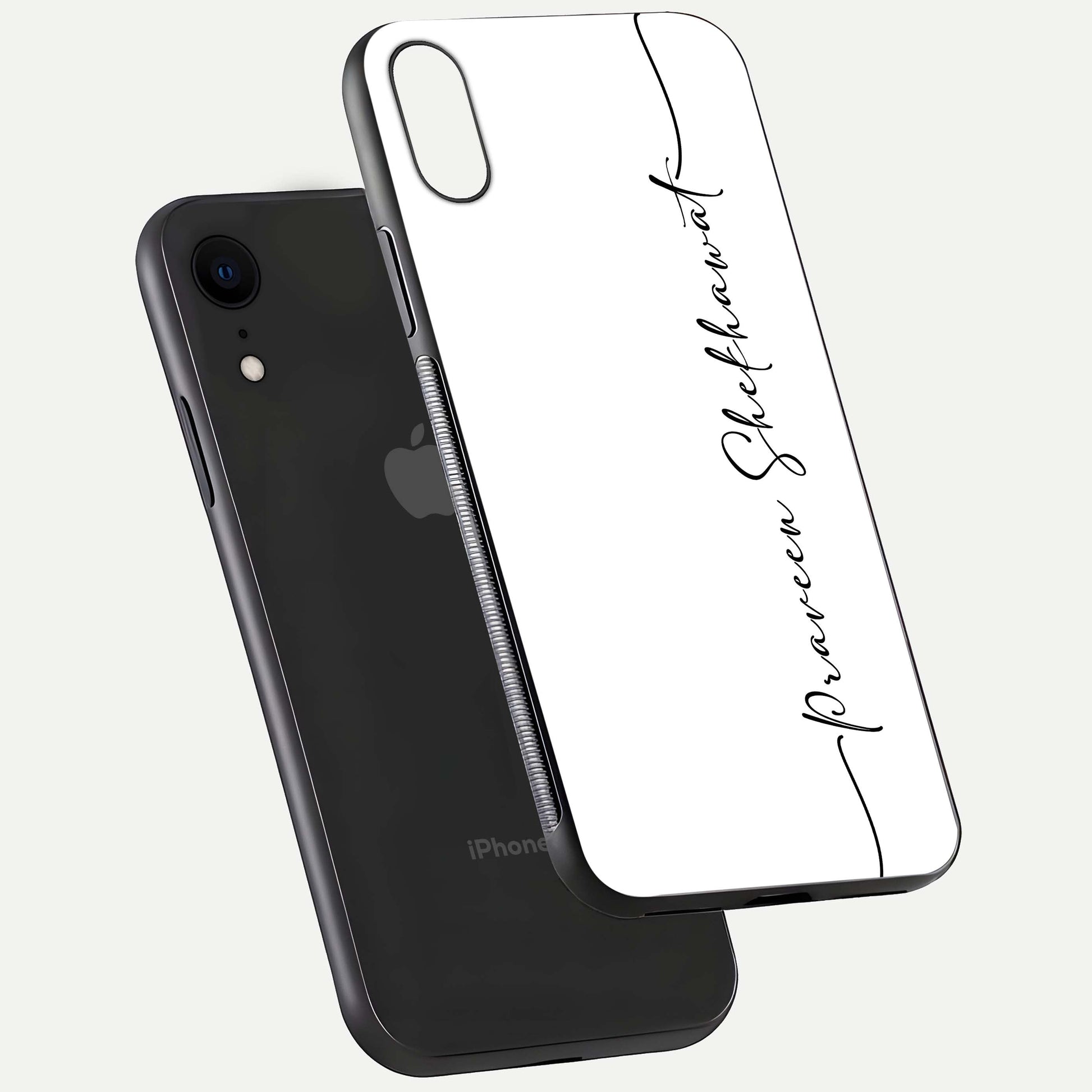 White Tune Custom Name Glass Case for iPhone 16 Pro floating dual-view mockup displaying gloss and HD detail