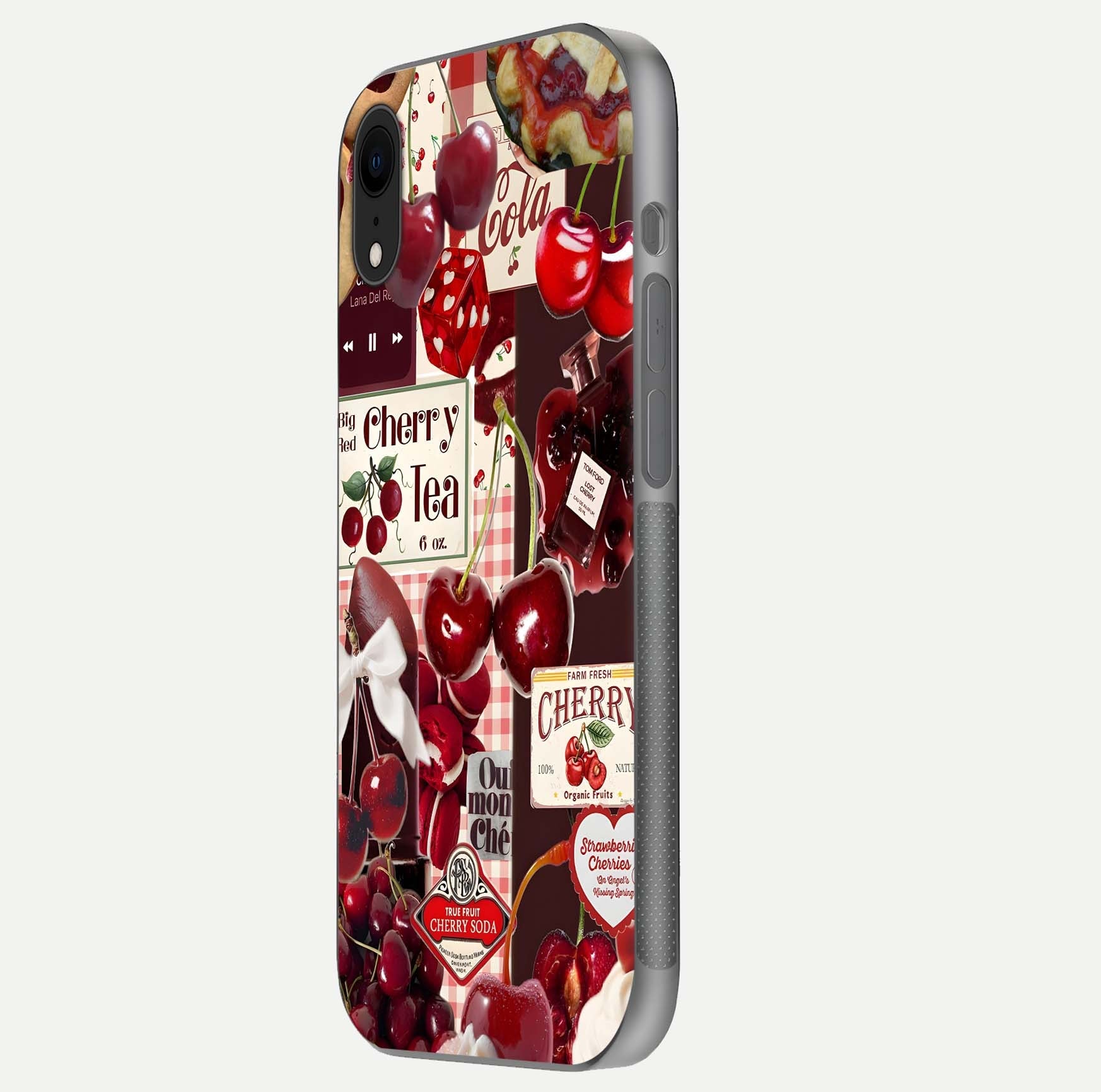 Aesthetic Cherry Tea Glass Case for iPhone 16 Pro side-angle image showing cherry collage print, camera module, and glossy finish reflection