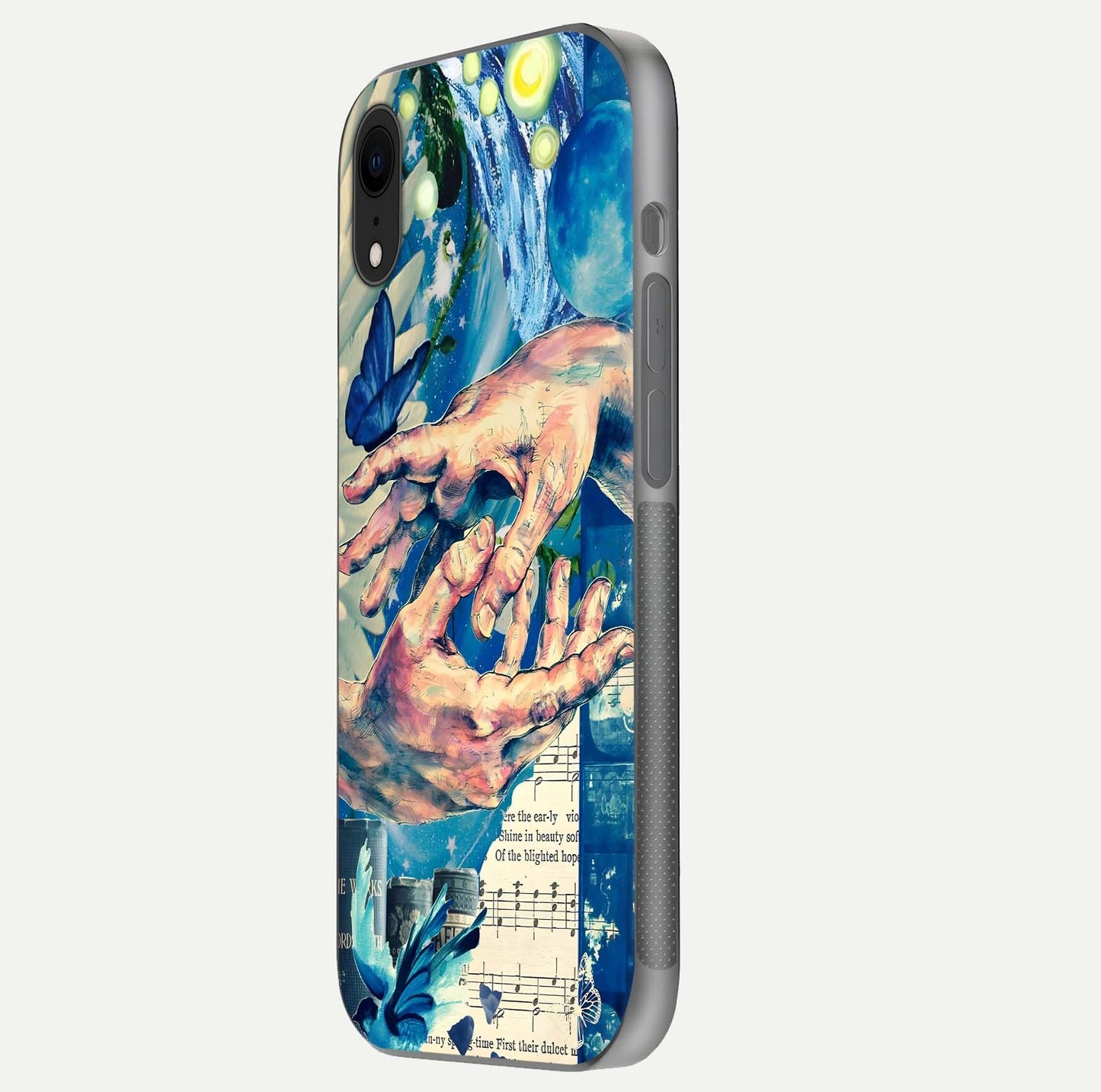 Aesthetic Divider Glass Case for iPhone 16 Pro side-angle image showing divider pattern print, camera module, and glossy finish reflection