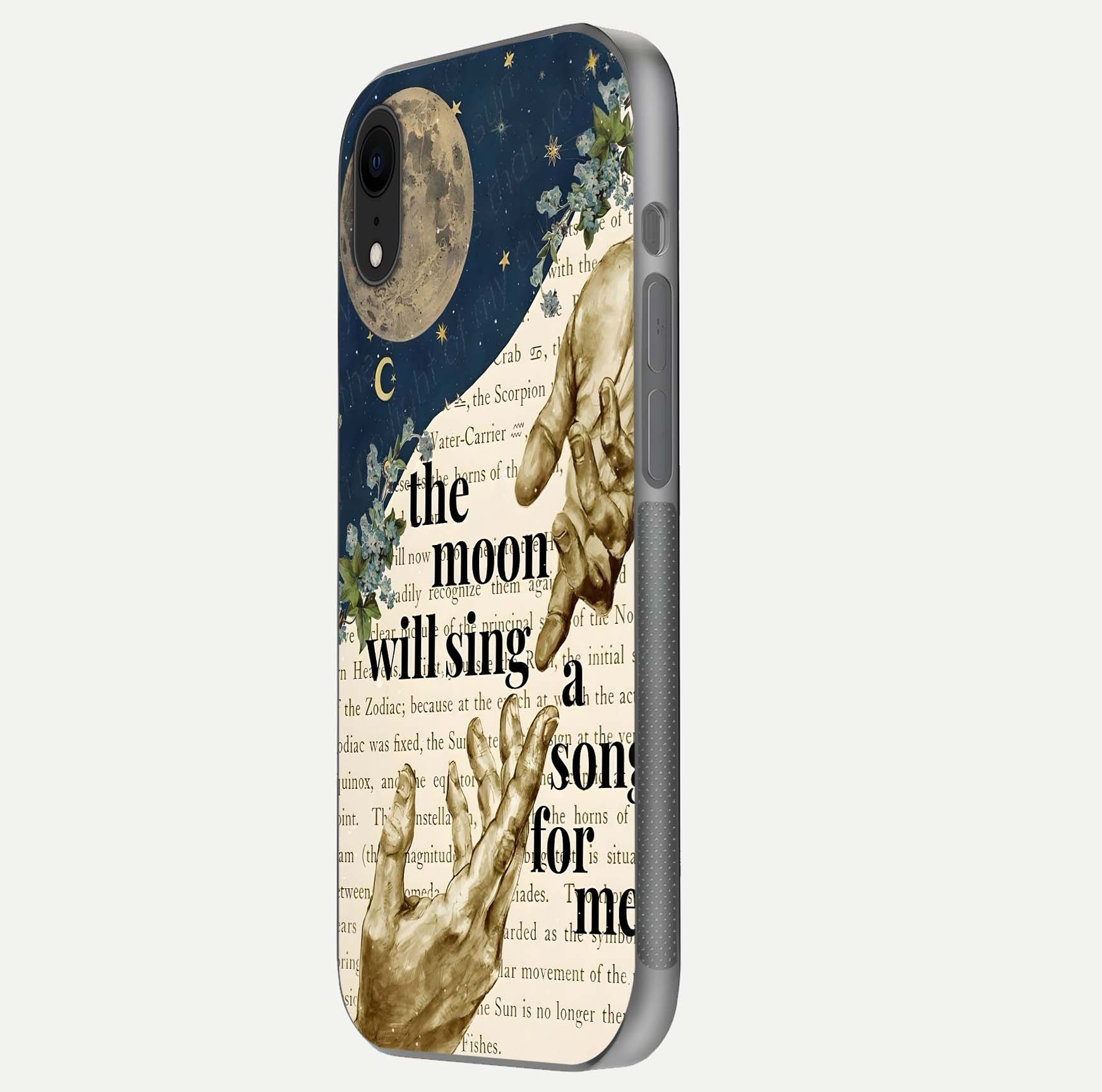 Aesthetic Divine Glass Case for iPhone 16 Pro side-angle image showing divine abstract design, camera module, and glossy finish reflection