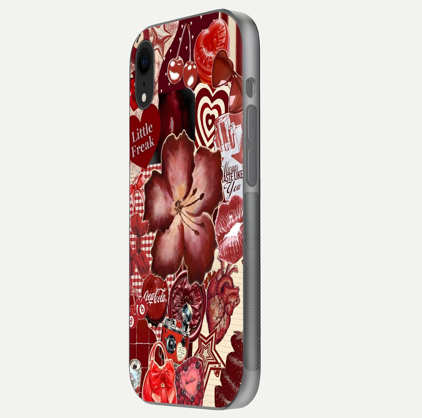 Aesthetic Little Freak Glass Case for iPhone 16 Pro side-angle image showing colorful design, camera module, and glossy finish reflection