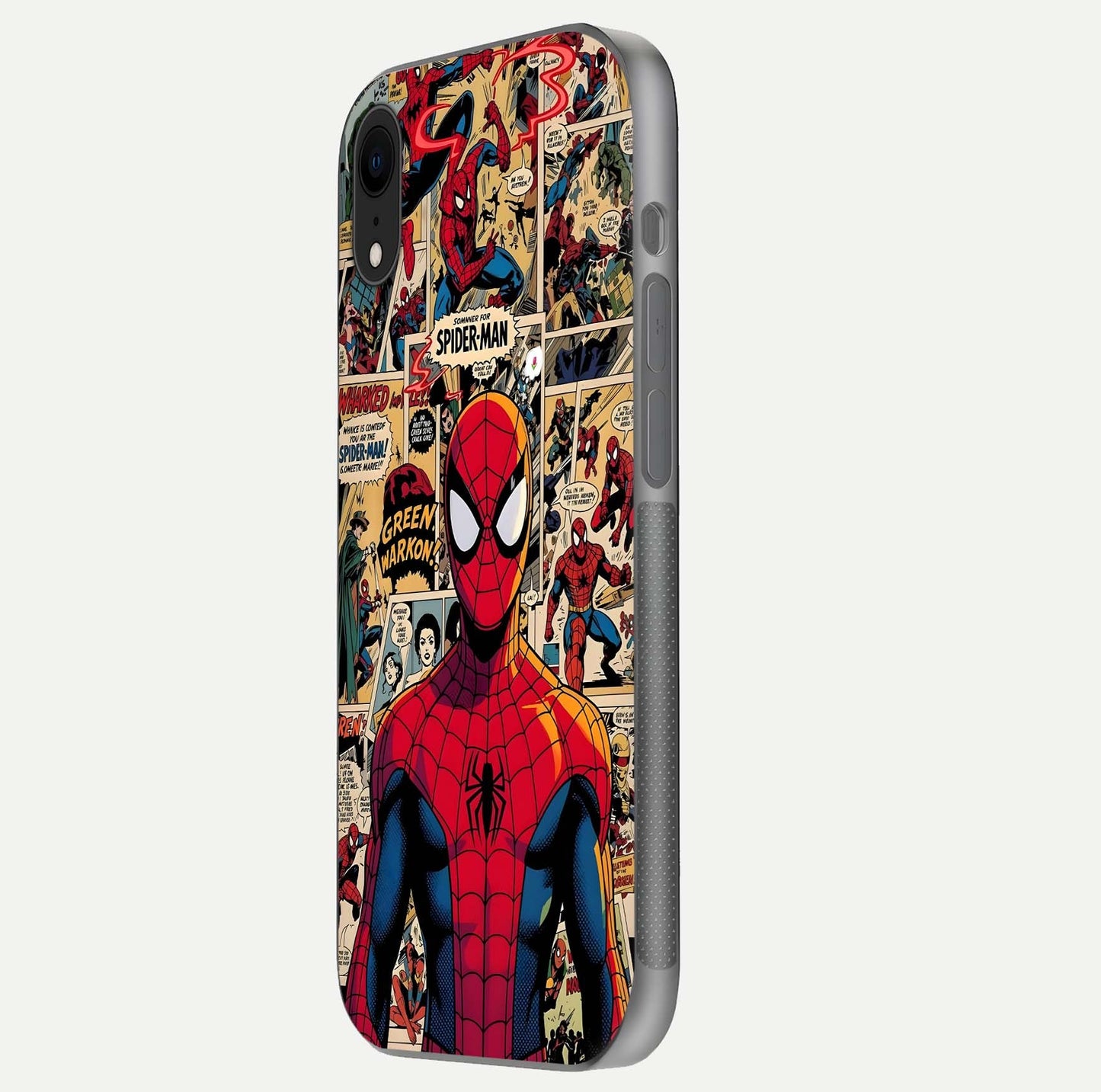 Aesthetic Spider Man Glass Case for iPhone 16 Pro side-angle image showing superhero comic print, camera module, and glossy finish reflection
