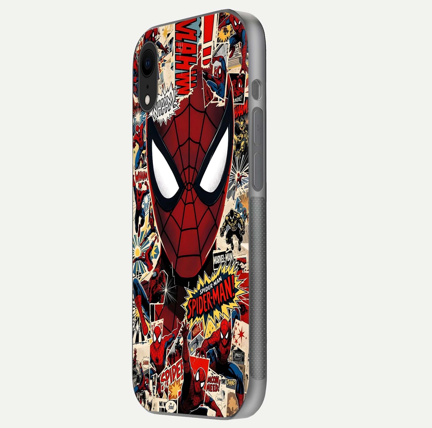 Aesthetic Wonder Spider Glass Case for iPhone 16 Pro side-angle shot showing red-blue tones and durable protective frame