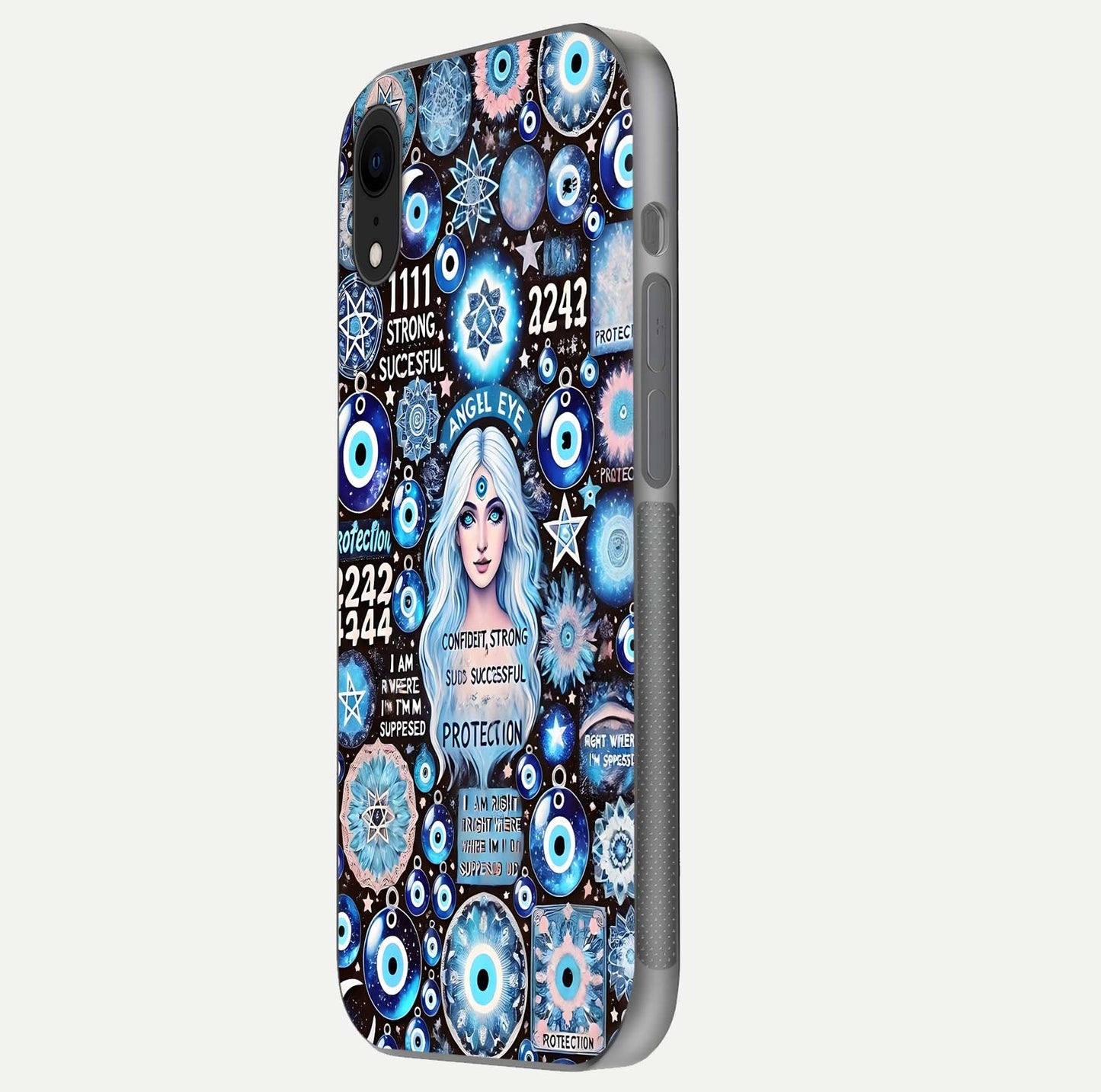Angel Aura Shield Glass Case for iPhone 16 Pro side-angle photo showcasing aura details and glossy surface reflection