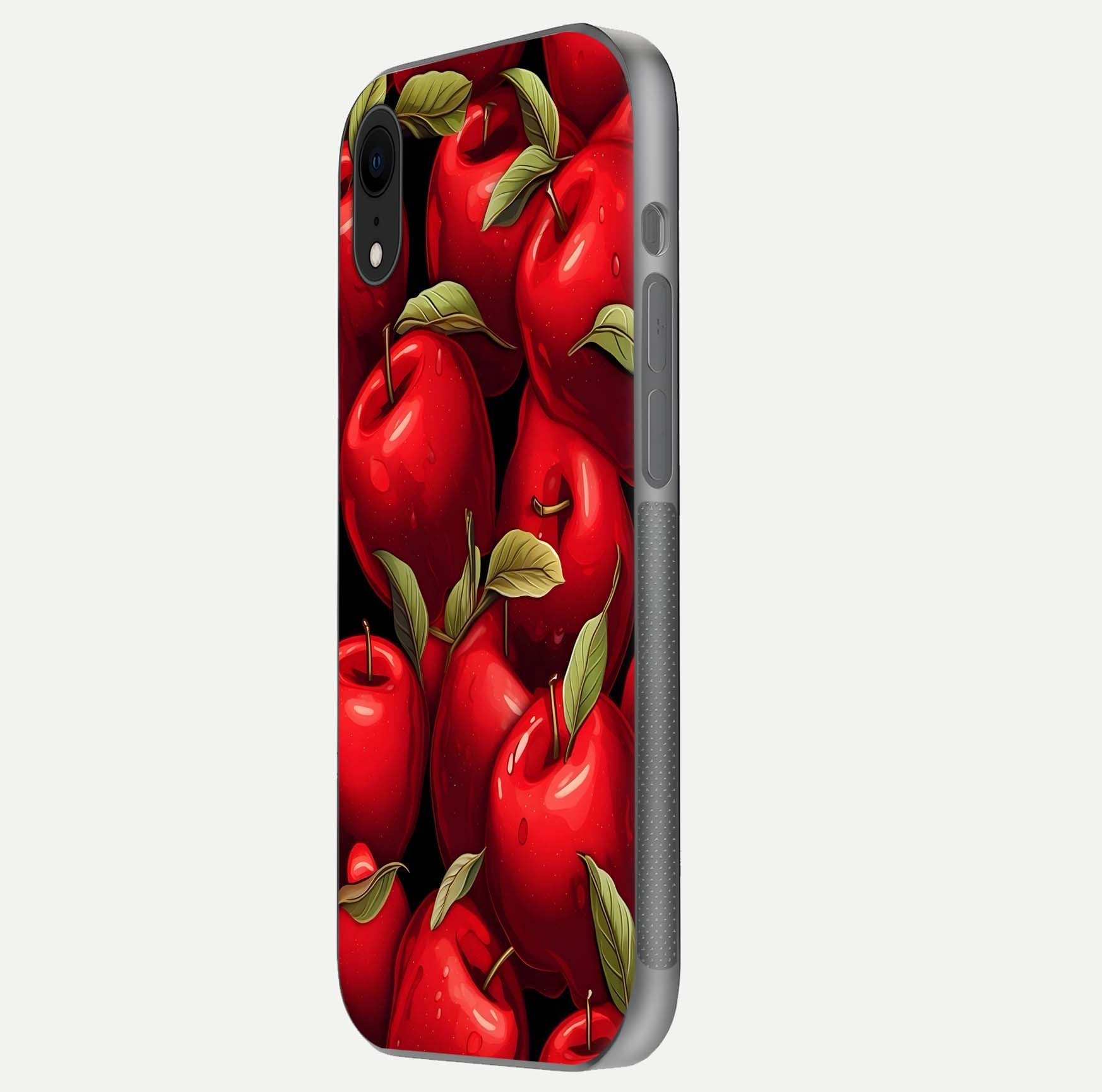 Apple Pattern Glass Case for iPhone Xr side-angle image showcasing minimalist apple print and gloss reflection