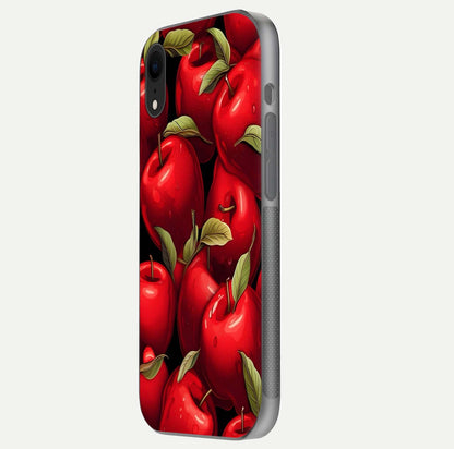 Apple Pattern Glass Case for iPhone Xr side-angle image showcasing minimalist apple print and gloss reflection