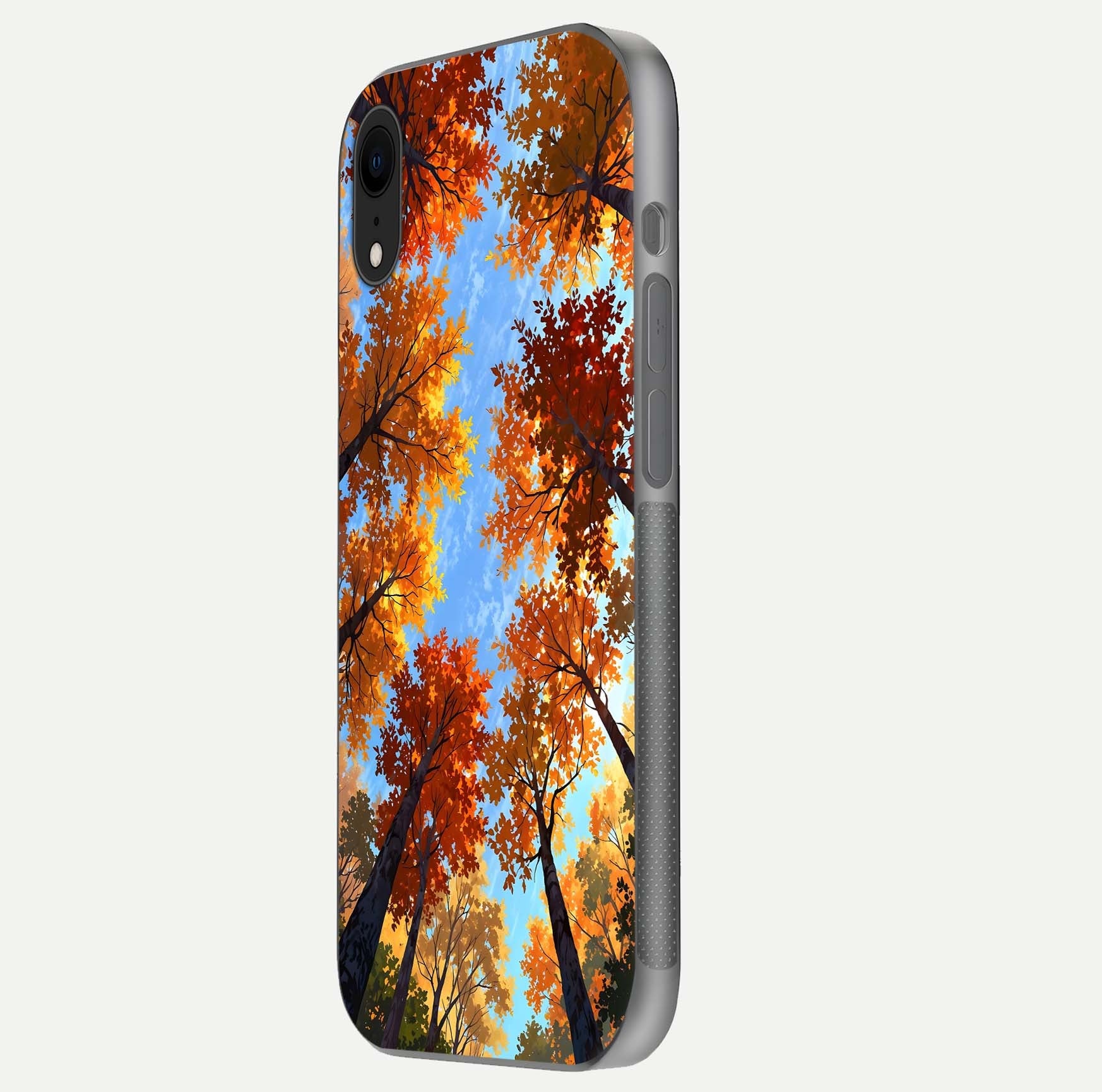 Autumn Sky Rise Glass Case for iPhone Xr side-angle showing autumn art tones and protective corners