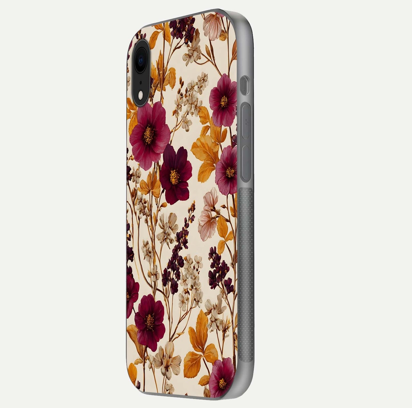 Autumn Wine Bloom Glass Case for iPhone 16 Pro side-angle showcasing floral design, texture gloss, and camera frame