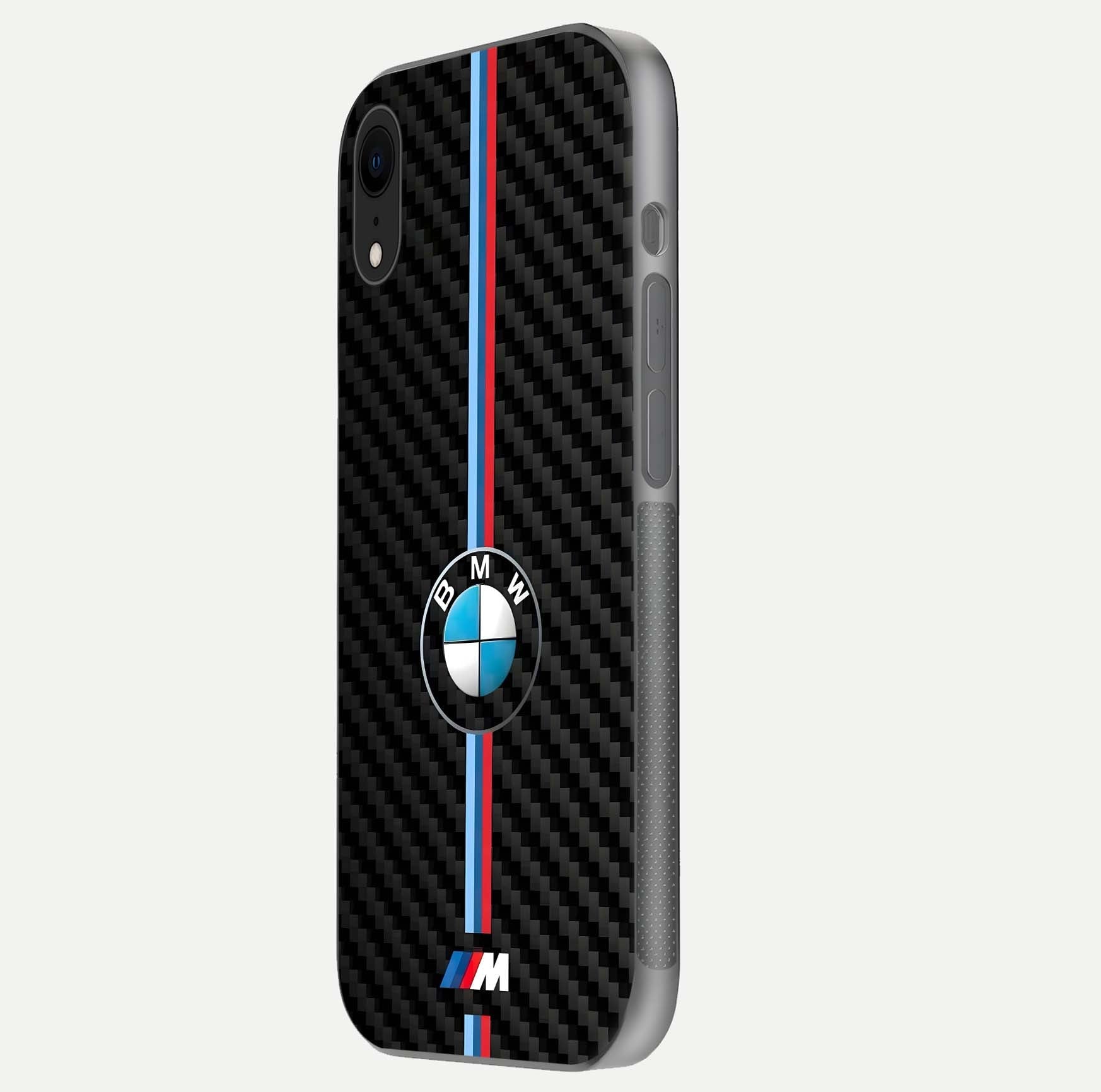BMW Pattern Glass Case for iPhone Xr side-angle image showing edge finish and luxury car-inspired shine