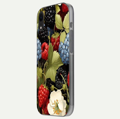 Berry Bloom Charm Glass Case for iPhone Xr side-angle image showing floral texture and high-definition print gloss