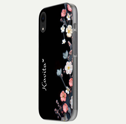 Black Elegance Floral Custom Name Glass Case for iPhone Xr side-angle showing black gloss depth and delicate print texture
