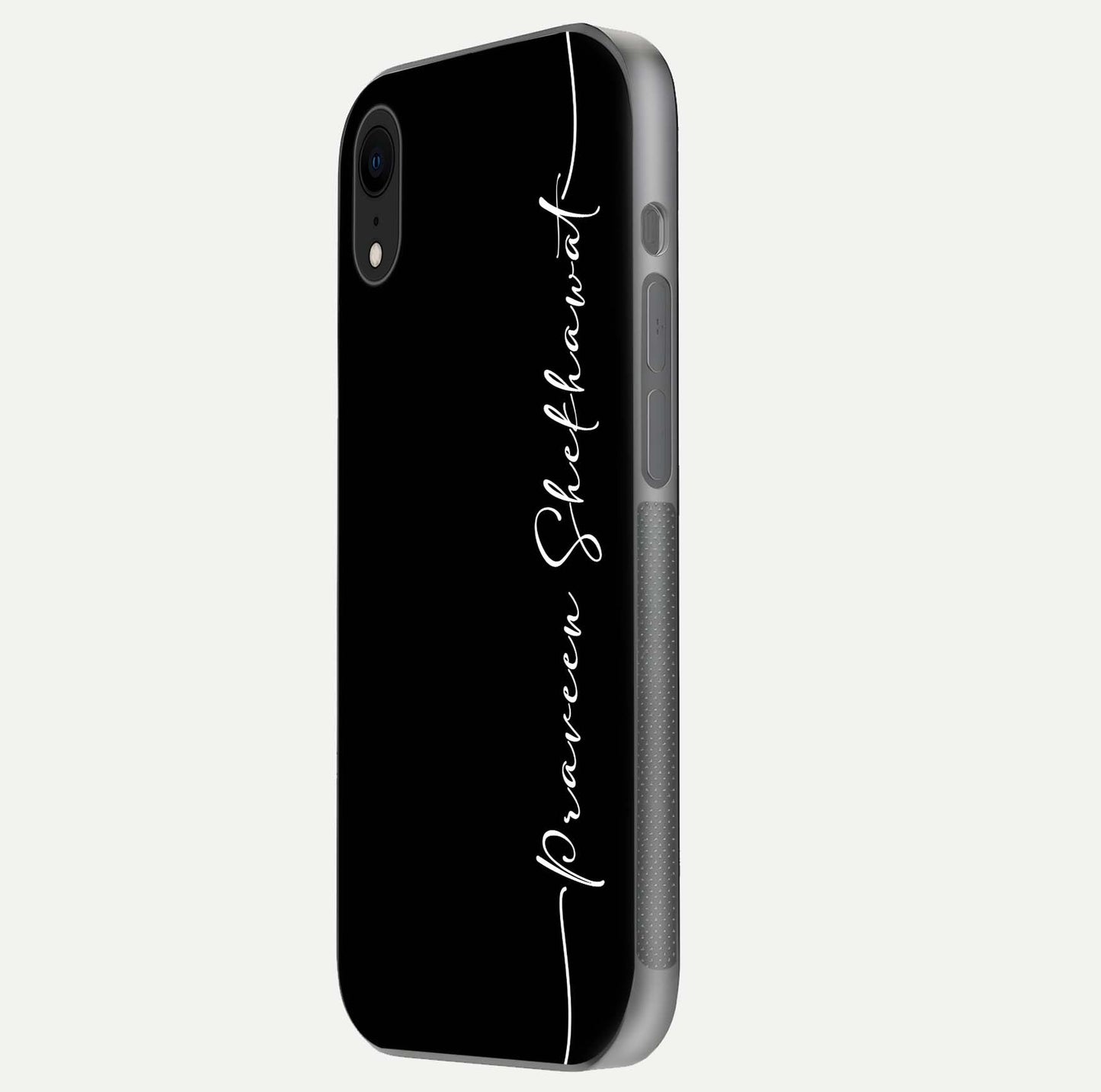 Black Tune Custom Name Glass Case for iPhone 16 Pro side-angle photo showing mirror-like surface and slim profile