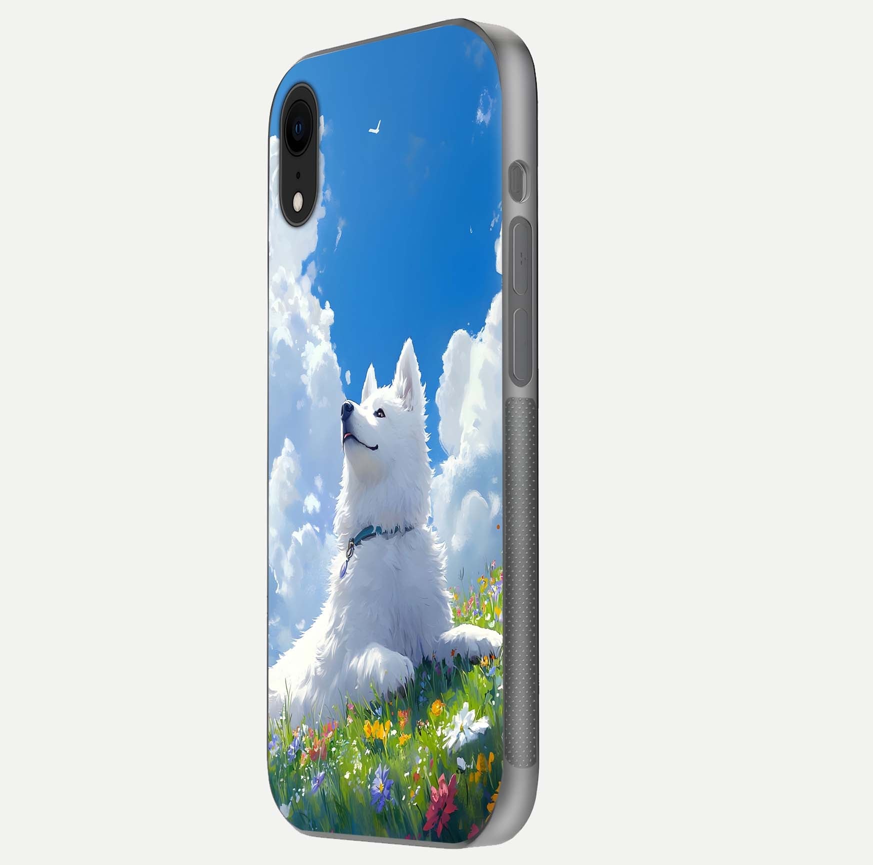 Blissful Cloud Pup Glass Case for iPhone Xr side-angle shot displaying puppy print and glossy texture