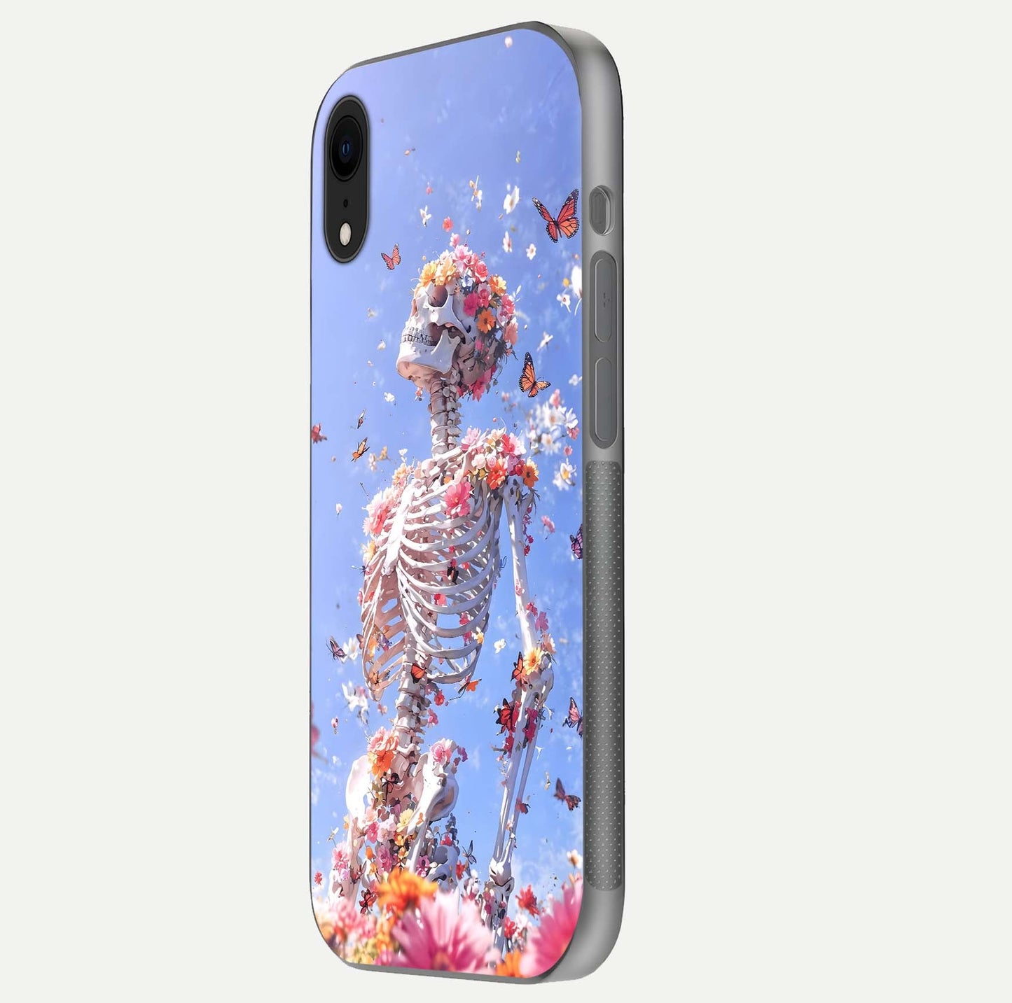 Bloom Beyond Bones Glass Case for iPhone Xr side-angle image highlighting print precision and gloss finish
