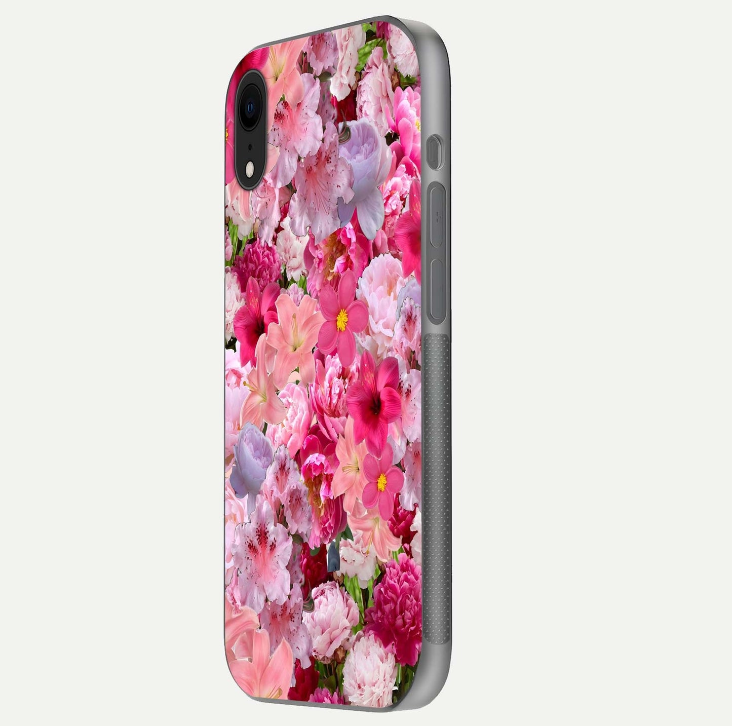 Bloom Crush Fantasy Glass Case for iPhone Xr side-angle shot with fantasy bloom art and gloss surface