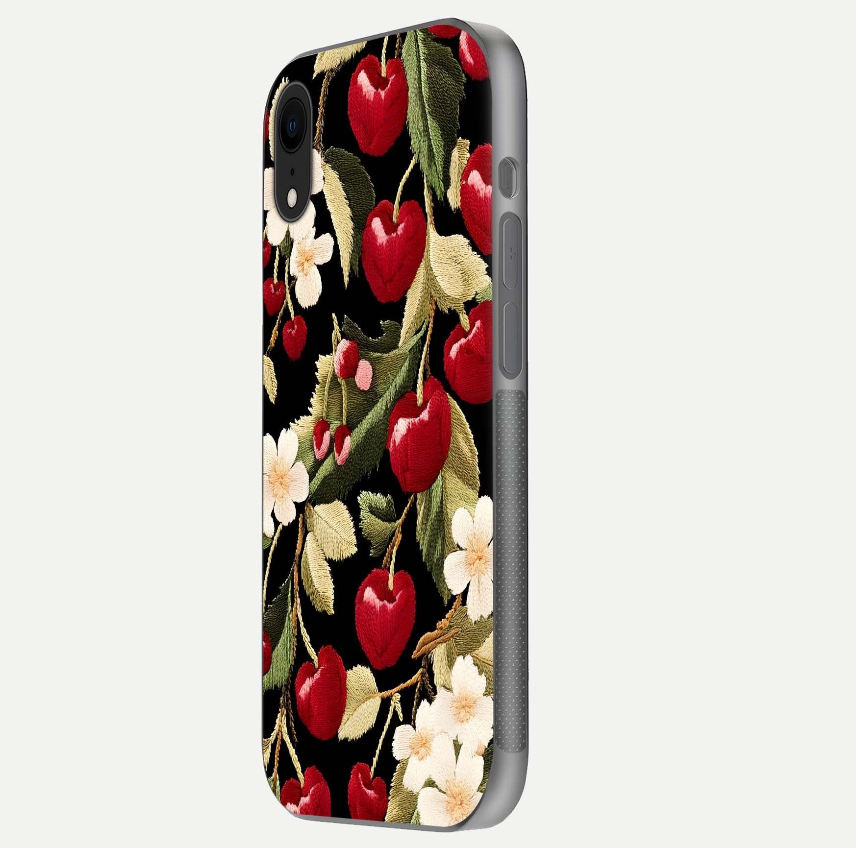 Bloom Thread Art Glass Case for iPhone Xr side-angle image showing texture depth and gloss reflection
