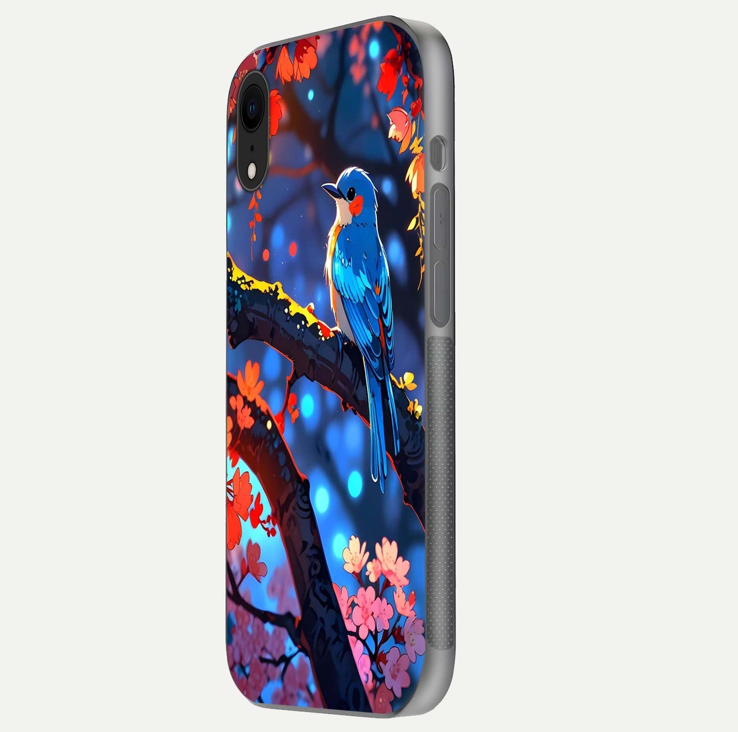 Blooming Spendor Bird Glass Case for iPhone Xr side-angle photo showing floral wings and reflection finish