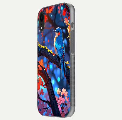 Blooming Spendor Bird Glass Case for iPhone Xr side-angle photo showing floral wings and reflection finish