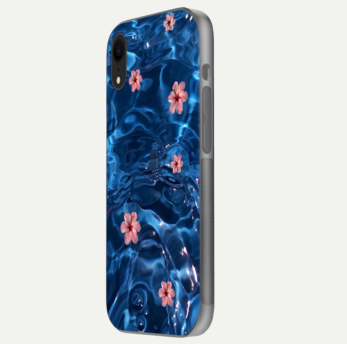 Blooming Water Drift Glass Case for iPhone Xr side-angle image showcasing blossom flow, curved corners, and HD glass gloss