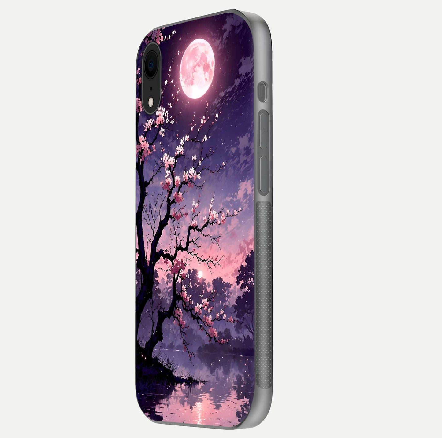Blossom Pink Moon Glass Case for iPhone Xr side-angle image showing glossy curve and floral-moon balance