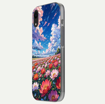 Blossom Sky Field Glass Case for iPhone Xr side-angle showing sky hues, blossom texture, and reflective shine
