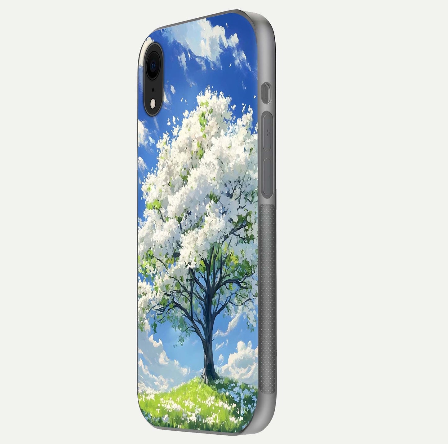 Blossom Sky Serenity Glass Case for iPhone Xr side-angle image showing elegant edge flow and light reflection