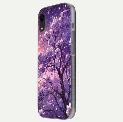 Blossom Tree Glass Case for iPhone Xr side-angle image showing floral tree artwork and reflection gloss