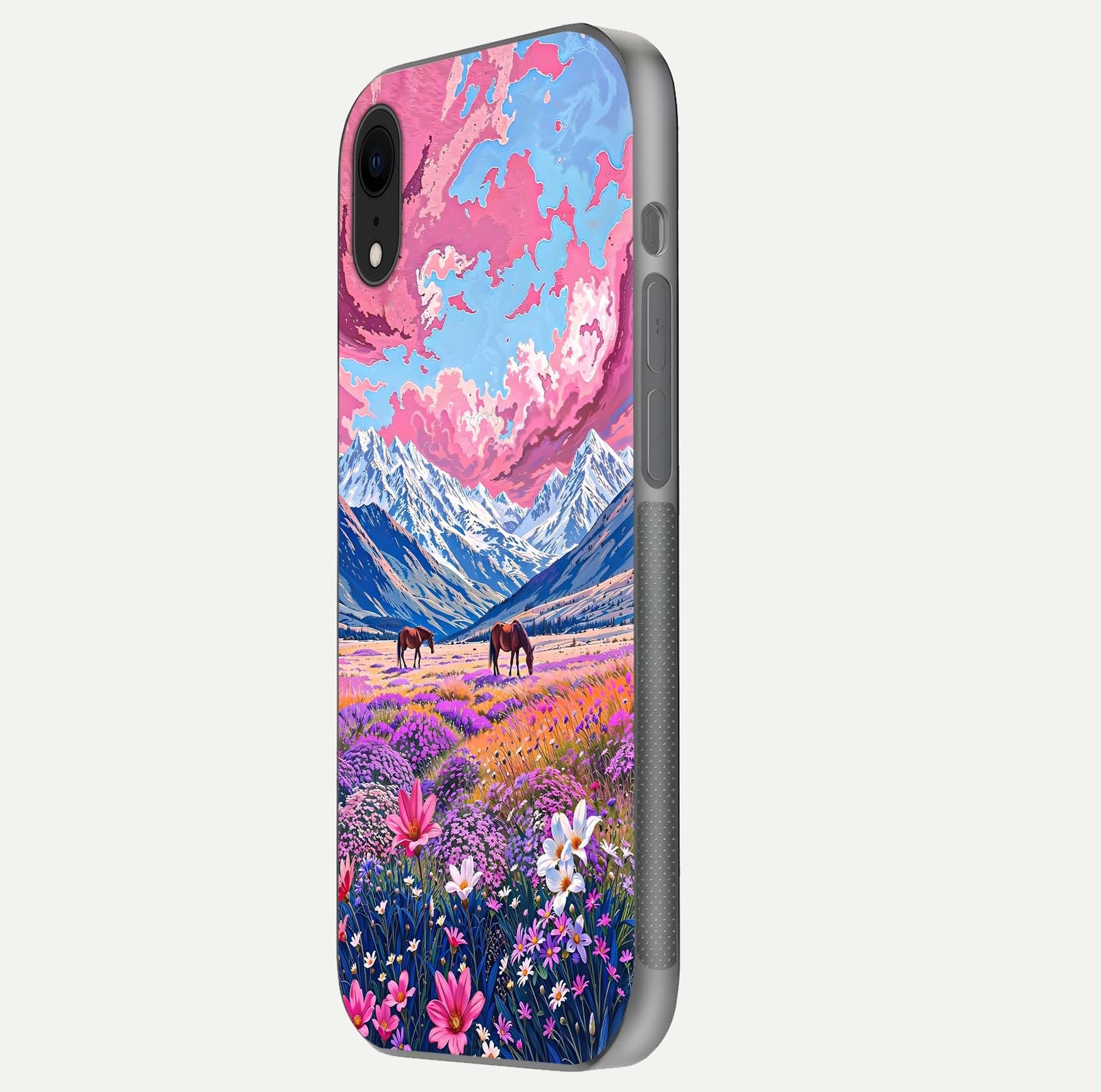Blossom Valley Dream Glass Case for iPhone Xr side-angle shot showcasing bloom tones and gloss texture