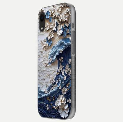 Blossom Wave Art Glass Case for iPhone Xr side-angle view showing wave-flow print and gloss edge finish