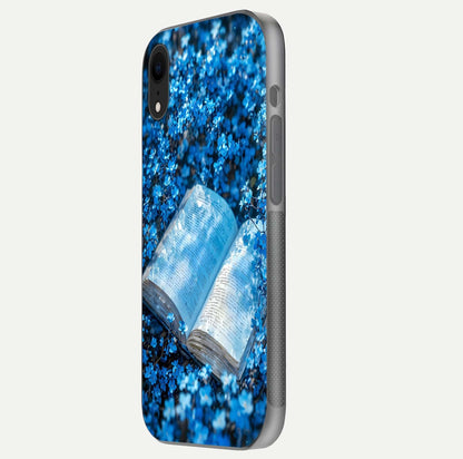 Blue Bloom Tales Glass Case for iPhone Xr side-angle image showing blue floral pattern and glossy finish