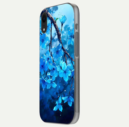 Blue Blossoms Branch Glass Case for iPhone Xr side-angle image showing blossom pattern flow and glossy texture