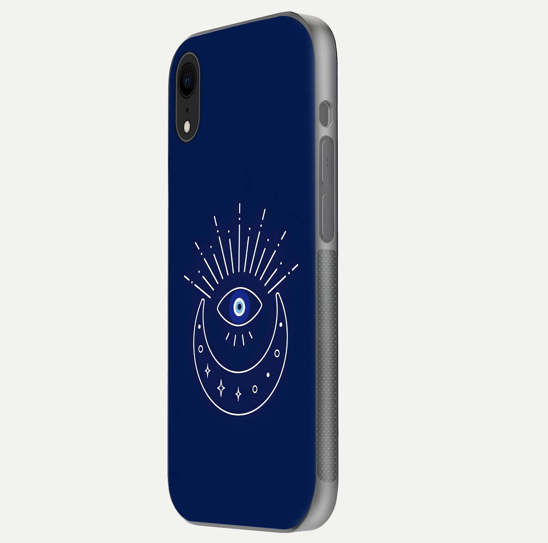Blue Evil Eye Glass Case for iPhone Xr side-angle view showing edge glow, color balance, and reflective surface